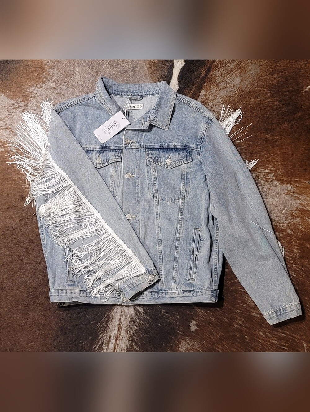 Elia-Cher Woman's Plus Size Light Wash Denim Jacket with White Fringe Accent